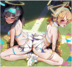 Rule 34 | 2girls, absurdres, animal ears, arched back, ass-to-ass, black hair, blonde hair, blue archive, blue eyes, blush, breasts, cheerleader, dog ears, dog girl, field, goggles, goggles on head, halo, hibiki (blue archive), hibiki (cheer squad) (blue archive), highleg, highleg panties, highres, housou-kun, kotori (blue archive), kotori (cheer squad) (blue archive), large breasts, looking at viewer, low twintails, medium breasts, millennium cheerleader outfit (blue archive), multiple girls, open mouth, panties, pom pom (cheerleading), red eyes, short hair, short twintails, sitting, skirt, thigh strap, twintails, underwear, wariza, white skirt