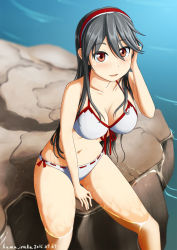 Rule 34 | 10s, 1girl, artist name, bikini, black hair, breasts, cleavage, dated, front-tie top, gradient background, hairband, haruna (kancolle), highres, kama iruka, kantai collection, large breasts, long hair, looking at viewer, parted lips, partially submerged, red eyes, ribbon-trimmed bikini, ribbon trim, rock, side-tie bikini bottom, signature, sitting, smile, soaking feet, solo, swimsuit, water