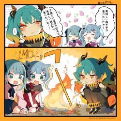 Rule 34 | ..., 2koma, 3girls, absurdres, animal (vocaloid), ankle cuffs, black gloves, black ribbon, black skirt, blowing, blue eyes, blue hair, breath weapon, breathing fire, clenched hands, closed mouth, colored tips, comic, commentary, cone hair bun, cooking, creator connection, double bun, drooling, earrings, fangs, fire, food, frilled shirt, frills, gloves, gradient hair, hair bun, hair ribbon, half-closed eyes, hatsune miku, high heels, highres, holding, holding food, holding vegetable, horns, jewelry, leaf, long hair, looking at another, makeup, mannequin (vocaloid), mascara, mouth drool, multicolored hair, multiple girls, multiple persona, neck ruff, omutatsu, open mouth, orange eyes, orange hair, pink shirt, red skirt, ribbon, ring, roasted sweet potato, roasting, salamander (vocaloid), shirt, short sleeves, sitting, skirt, smile, songover, sparkle, sparkling eyes, speech bubble, spoken ellipsis, suspender skirt, suspenders, sweet potato, translated, twintails, v-shaped eyebrows, vampire (vocaloid), vegetable, vocaloid