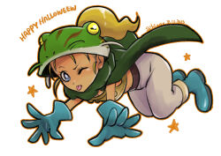 Rule 34 | 1girl, armor, blonde hair, blue eyes, blue footwear, blue gloves, breastplate, breasts, chrono trigger, cleavage, cosplay, dated, frog (chrono trigger), frog (chrono trigger) (cosplay), full body, gloves, halloween costume, happy halloween, highres, marle (chrono trigger), one eye closed, orange outline, pants, ponytail, shikiwo, signature, small breasts, solo, star (symbol), tongue, tongue out, white background