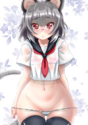 Rule 34 | 1girl, alternate costume, animal ears, bespectacled, black thighhighs, blush, ebi 193, floral background, glasses, grey hair, groin, mouse ears, mouse tail, navel, nazrin, no pants, panties, panty pull, red eyes, revision, short hair, solo, striped clothes, striped panties, tail, thighhighs, touhou, underwear, white background, wide hips