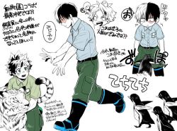Rule 34 | 3boys, animal, animal on head, bird, black footwear, blue shirt, boku no hero academia, boots, burn scar, collared shirt, commentary request, freckles, green pants, green shirt, groin attack, kaminari denki, kneeling, looking at another, male focus, midoriya izuku, multicolored hair, multiple boys, official alternate costume, on head, open mouth, pants, pants tucked in, penguin, petting, scar, scar on face, shirt, short hair, short sleeves, simple background, speech bubble, split-color hair, standing, tiger, todoroki shouto, translation request, two-tone hair, white background, yzk92h