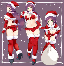 Rule 34 | 1girl, ass, bikini, black footwear, breasts, capelet, christmas, cleavage, elbow gloves, frilled bikini, frills, fur-trimmed capelet, fur trim, gloves, green eyes, hat, high heels, highres, kurokawa makoto, large breasts, leaning forward, long hair, looking at viewer, love live!, love live! school idol project, low twintails, multiple views, open mouth, purple background, purple hair, red bikini, red capelet, red gloves, red headwear, red thighhighs, sack, santa bikini, santa hat, shoes, smile, standing, swimsuit, thighhighs, tojo nozomi, twintails