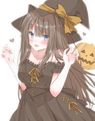 Rule 34 | 1girl, bare shoulders, black dress, black hair, blue eyes, blush, claw pose, dress, fang, halloween, hat, heart, highres, hiro (hirohiro31), jack-o&#039;-lantern, long hair, looking at viewer, off-shoulder dress, off shoulder, open mouth, original, skin fang, solo, white background, witch hat