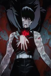 Rule 34 | 04idontexist, 2girls, arms at sides, belt, black hair, blood, blood on clothes, bloody tears, burn scar, crying, closed eyes, flower, hand on another&#039;s chest, head out of frame, highres, jujutsu kaisen, lying, multiple girls, on back, one eye covered, parted lips, scar, scar on arm, scar on face, short hair, siblings, sisters, sleeveless, spoilers, tears, zenin mai, zenin maki
