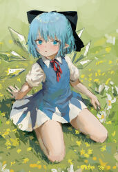 Rule 34 | 1girl, :o, black bow, blue dress, blue eyes, blue hair, blush, bow, cirno, collared dress, detached wings, dress, fairy, fairy wings, field, flower, flower field, full body, grass, green background, hair bow, hair ornament, hand on ground, highres, holding, holding flower, ice, ice wings, looking at viewer, neck ribbon, on grass, on ground, open mouth, pointy ears, puffy short sleeves, puffy sleeves, red ribbon, reddizen, ribbon, seiza, short hair, short sleeves, sitting, sketch, solo, touhou, wings, yellow flower
