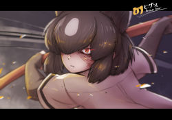 Rule 34 | 1girl, animal ears, attack, bear ears, paw stick, black hair, brown bear (kemono friends), character name, da (bobafett), elbow gloves, embers, extra ears, facial mark, gloves, glowing, glowing eye, grey hair, hair over one eye, holding, holding weapon, japari symbol, kemono friends, letterboxed, medium hair, multicolored hair, parted lips, red eyes, scratches, serious, shirt, short sleeves, sidelocks, solo, two-tone hair, upper body, weapon, whisker markings