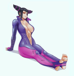 Rule 34 | 1girl, abs, alternate breast size, areola slip, black hair, bodysuit, breasts, commentary, cone hair bun, drill hair, english commentary, eyepatch, feet, full body, hair bun, han juri, highres, large breasts, looking at viewer, muscular, navel, no bra, no shoes, one-eyed, plunging neckline, popped collar, purple eyes, simple background, sitting, soles, solo, stirrup legwear, street fighter, street fighter v, thick thighs, thighs, toeless legwear, toes, toned, unzipped, white background, zefrableu