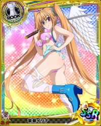 Rule 34 | 10s, 1girl, angel wings, artist request, ass, blonde hair, card (medium), character name, chess piece, high school dxd, katana, long hair, official art, purple eyes, rook (chess), shidou irina, solo, sword, thighhighs, torn clothes, trading card, underwear, weapon, wings