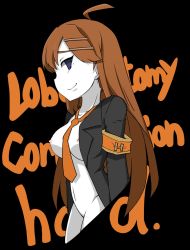 Rule 34 | 1girl, ahoge, armband, between breasts, black background, black shirt, blouse, blue eyes, breasts, brown hair, character name, closed mouth, collarbone, colored skin, commentary, cowboy shot, cropped legs, from side, hair ornament, hairclip, highres, hod (project moon), lobotomy corporation, long hair, looking at viewer, navel, necktie, necktie between breasts, nipples, open clothes, open shirt, project moon, shirt, solo, touyakakasi, wavy mouth, white skin