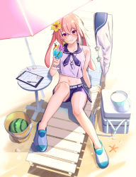 Rule 34 | 1boy, animal ears, ansel (arknights), ansel (casual vacation) (arknights), arknights, beach chair, beach umbrella, blue sailor collar, blue shorts, blush, bucket, clipboard, commentary request, crossed bangs, cup, drinking straw, flower, food, fruit, full body, hair flower, hair ornament, hat, unworn hat, unworn headwear, hibiscus, holding, holding cup, looking at viewer, lop rabbit ears, male focus, navel, pen, rabbit boy, rabbit ears, sailor collar, sand, seashell, shell, shorts, sitting, smile, solo, star (symbol), sweat, trap, tropical drink, umbrella, visor cap, watermelon, whistle, whistle around neck, yellow flower, yoruhachi