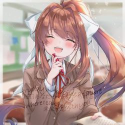 Rule 34 | 1girl, :d, ^ ^, bilingual, blurry, blurry background, blush, classroom, closed eyes, commentary, doki doki literature club, facing viewer, hair ribbon, highres, indoors, long hair, long sleeves, mixed-language text, monika (doki doki literature club), neck ribbon, open mouth, pen, ponytail, red ribbon, ribbon, sidelocks, smile, solo, source quote, touko 56, upper body, white ribbon