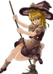 Rule 34 | 1girl, absurdres, apron, black footwear, black hat, black vest, blonde hair, bow, braid, broom, broom riding, commentary, full body, hair between eyes, hat, hat bow, highres, holding, holding broom, kirisame marisa, long hair, looking at viewer, mary janes, nob1109, open mouth, puffy sleeves, shirt, shoes, short sleeves, simple background, socks, solo, touhou, vest, waist apron, white background, white bow, white shirt, white socks, witch hat, yellow eyes
