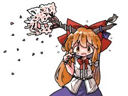 Rule 34 | 1girl, bird, bow, bowtie, cherry blossoms, copyright request, horns, ibuki suika, kasuya baian, looking at viewer, oni horns, orange eyes, orange hair, pointing, pointing at self, white background, white bow