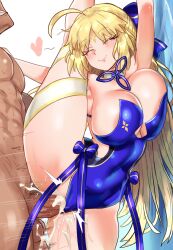 Rule 34 | !, 1boy, 1girl, absurdres, ahoge, alternate breast size, arm up, artoria caster (fate), artoria caster (swimsuit) (fate), artoria caster (swimsuit) (third ascension) (fate), artoria pendragon (fate), bare shoulders, blonde hair, blue one-piece swimsuit, blue ribbon, blush, bow, breasts, cleavage, closed eyes, covered navel, cum, cum in pussy, ebora, ejaculation, facial mark, fate/grand order, fate (series), forehead mark, hair bow, hetero, highleg, highleg swimsuit, highres, large breasts, leg lift, leg up, long hair, one-piece swimsuit, parted bangs, penis, pussy, ribbon, sex, sex from behind, smile, standing, standing sex, swimsuit, testicles, thighs, twintails, vaginal, very long hair
