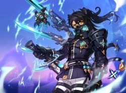 Rule 34 | absurdres, aiguillette, alternate costume, alternate hairstyle, animal ears, artist request, belt, black gloves, black hair, black shirt, dark-skinned male, dark skin, drone, elsword, gas mask, gloves, highres, holding, holding sword, holding weapon, long hair, looking at viewer, mask, mechanical arms, official art, pants, raven cronwell, second-party source, shirt, single mechanical arm, sword, weapon, yellow eyes