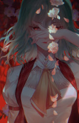 Rule 34 | 1girl, adapted costume, ascot, blurry, breasts, closed mouth, dark, depth of field, expressionless, floral background, flower, green hair, hair between eyes, hand over face, hand up, highres, juliet sleeves, kazami yuuka, light blush, lips, long hair, long sleeves, looking at viewer, medium breasts, petals, puffy sleeves, red background, red eyes, red vest, solo, touhou, upper body, vest, wanou, white flower, yellow ascot