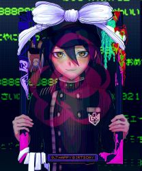 Rule 34 | 1boy, alternate color, black background, black hair, black headwear, blush, bow, breast pocket, brown eyes, buttons, danganronpa (series), danganronpa v3: killing harmony, dated, double-breasted, hair between eyes, hands up, happy birthday, highres, holding, holding portrait, jacket, kong (58n2525), long sleeves, looking at viewer, male focus, pocket, purple background, purple jacket, saihara shuichi, smile, solo, striped clothes, striped jacket, upper body, white bow