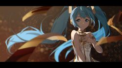 Rule 34 | 1girl, agas (vpwt7475), aqua eyes, aqua hair, armband, blurry, blurry background, blurry foreground, commentary request, depth of field, dress, hand on own chest, hatsune miku, letterboxed, light particles, ribbon, smile, solo, sparkle, strapless, strapless dress, twintails, upper body, vocaloid