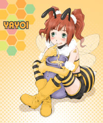 Rule 34 | 1girl, :q, antennae, arthropod girl, bad id, bad pixiv id, bee, bee costume, bee girl, boots, brown hair, bug, cosplay, green eyes, honey, honeycomb (pattern), honeycomb background, honeycomb pattern, idolmaster, idolmaster (classic), idolmaster 1, insect, insect girl, monster girl, short hair, solo, striped clothes, striped thighhighs, takatsuki yayoi, tamaoki benkyou, thighhighs, tongue, tongue out, twintails, wings