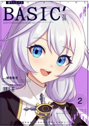 Rule 34 | 1girl, :d, barcode, black dress, blue eyes, close-up, cover, dress, hair between eyes, highres, honkai (series), honkai impact 3rd, long hair, looking at viewer, magazine cover, nun, open mouth, purple background, side ponytail, smile, solo, teeth, theresa apocalypse, theresa apocalypse (valkyrie pledge), two-tone background, vickey-l, white background, white hair