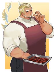 Rule 34 | 1boy, angel wings, apron, bara, beard, blonde hair, character request, cowboy shot, eating, facial hair, full beard, highres, holding, huge eyebrows, huge pectorals, male focus, mini wings, muscular, muscular male, shiratori yokikana, short hair, solo, standing, star-shaped pupils, star (symbol), symbol-shaped pupils, thick eyebrows, tokyo houkago summoners, two-tone background, wings