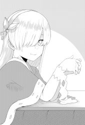 Rule 34 | 1girl, anastasia (fate), cape, fate/grand order, fate (series), greyscale, hair over one eye, hairband, highres, kotatsu, long hair, monochrome, own hands together, smile, solo, table, tanuki (siutkm0228)