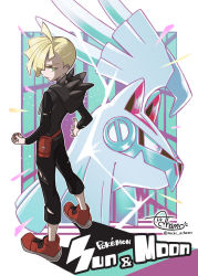 Rule 34 | 1boy, ahoge, black pants, blonde hair, closed mouth, commentary request, copyright name, creatures (company), ear piercing, fanny pack, game freak, gen 7 pokemon, gladion (pokemon), green eyes, highres, holding, holding poke ball, hood, hood down, hoodie, legendary pokemon, male focus, mochizuki achamo, nintendo, outline, pants, piercing, poke ball, pokemon, pokemon (creature), pokemon sm, red bag, red footwear, shoes, short hair, signature, silvally, standing, torn clothes, torn pants