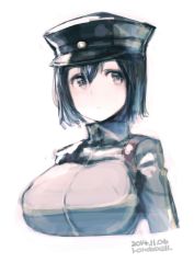 Rule 34 | 10s, 1girl, akitsu maru (kancolle), artist name, backpack, bag, black eyes, black hair, breasts, dated, hat, highres, kantai collection, large breasts, long sleeves, looking away, md5 mismatch, military, military uniform, peaked cap, randoseru, resized, resolution mismatch, rondo bell, short hair, simple background, solo, source larger, uniform, upper body, white background