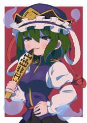 Rule 34 | 1girl, 6gd7b, blue hat, border, breasts, frilled hat, frills, ghost, green eyes, green hair, half-closed eyes, hat, highres, holding, juliet sleeves, long sleeves, looking at viewer, medium breasts, open mouth, puffy sleeves, red background, rod of remorse, shiki eiki, short hair, simple background, smile, solo, touhou, upper body, white border