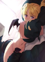 Rule 34 | 1girl, absurdres, animal ears, bat ears, bat wings, bed sheet, blanket, blonde hair, blush, closed mouth, commentary request, convenient censoring, covering privates, demon girl, demon tail, demon wings, heart, highres, hukahito, looking at viewer, lying, navel, nude, hugging object, on side, original, pillow, pillow hug, pink eyes, purple eyes, solo, stomach, sunlight, tail, wings