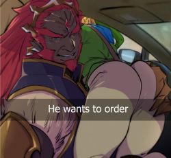 Rule 34 | 2boys, ass, ass focus, ass grab, car interior, commentary, dark skin, drive-thru, english text, facial hair, ganondorf, green tunic, he wants to order (meme), hyrule warriors, kukumomo, leaning over, link, long hair, lying on person, male focus, meme, multiple boys, nintendo, rear-view mirror, red facial hair, red hair, selfie, snapchat, steering wheel, symbol-only commentary, the legend of zelda, tunic, very dark skin, yaoi