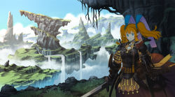 Rule 34 | 1girl, armor, blue eyes, blue sky, book, bow, breastplate, day, fantasy, floating hair, floating island, hair bow, holding, holding book, holding sword, holding weapon, long skirt, looking at viewer, nagi itsuki, open book, orange hair, orange skirt, original, outdoors, parted lips, pixiv fantasia, pixiv fantasia last saga, pointy ears, reading, scabbard, sheath, skirt, sky, solo, standing, sword, twintails, unsheathed, water, waterfall, weapon