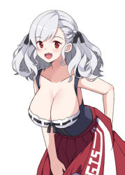 Rule 34 | 1girl, black ribbon, blush, breasts, cleavage, collarbone, fang, girls&#039; frontline, highres, jjuwaap, large breasts, looking at viewer, open mouth, ribbon, silver hair, simple background, skirt, smile, solo, spas-12 (girls&#039; frontline), twintails, white background