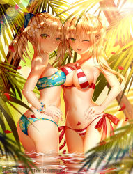Rule 34 | 2girls, ;d, absurdres, artoria pendragon (all), artoria pendragon (fate), ass, asymmetrical docking, bare arms, bare shoulders, bikini, blonde hair, blue bikini, blue bow, blurry, blurry foreground, blush, bow, bracelet, breast press, breasts, butt crack, cleavage, closed mouth, criss-cross halter, day, depth of field, fate/grand order, fate (series), flower, green eyes, groin, hair between eyes, hair bow, hair flower, hair intakes, hair ornament, halterneck, hand on own hip, highres, huge filesize, jewelry, junpaku karen, large breasts, long hair, looking at viewer, looking to the side, medium breasts, multiple girls, navel, nero claudius (fate), nero claudius (fate) (all), nero claudius (swimsuit caster) (fate), official alternate costume, one eye closed, open mouth, outdoors, petals, ponytail, saber (fate), saber (resort vacances) (fate), side-tie bikini bottom, sidelocks, smile, standing, strapless, strapless bikini, striped bikini, striped clothes, sunlight, swimsuit, twintails, wading, white flower