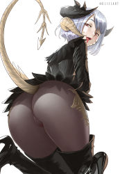 Rule 34 | 1girl, absurdres, ass, au ra, warrior of light (ff14), black horns, black pantyhose, boots, commission, dragon horns, dragon tail, fictional persona, final fantasy, final fantasy xiv, from behind, high heel boots, high heels, highres, horns, looking at viewer, looking back, no panties, open mouth, pantyhose, pussy, red eyes, scales, see-through, short hair, silver hair, solo, sweat, tail, thigh boots, thighhighs, tongue, tongue out, uliel, white background