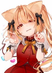 Rule 34 | 1girl, animal ears, artist name, bad id, bad twitter id, bell, black bow, blonde hair, bow, buttons, cat ears, cat tail, claw pose, collar, dated, fangs, flandre scarlet, flying sweatdrops, gotou (nekocat), hair bow, head tilt, heart, highres, jingle bell, kemonomimi mode, long hair, looking at viewer, nail polish, puffy short sleeves, puffy sleeves, red eyes, red nails, red skirt, short sleeves, signature, simple background, skirt, skirt set, solo, tail, touhou, vest, white background, wings, wrist cuffs