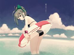 Rule 34 | 1girl, armband, bikini, black bikini, bow, closed mouth, cloud, dated, day, grey hair, hair between eyes, hair bow, highres, innertube, kantai collection, kokudou juunigou, long hair, looking at viewer, outdoors, ponytail, signature, sky, smile, solo, standing, striped, swim ring, swimsuit, translation request, water, yuubari (kancolle)