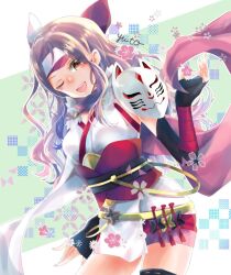 1girl asymmetrical_legwear brown_eyes brown_hair fingerless_gloves fire_emblem fire_emblem_fates fire_emblem_heroes fox_mask gloves hana_(fire_emblem) hana_(ninja)_(fire_emblem) headband japanese_clothes long_hair looking_at_viewer mask mask_on_shoulder mouth_mask ninja ninja_mask nintendo official_alternate_costume one_eye_closed open_mouth shuriken uneven_legwear weapon yuyu_(spika)