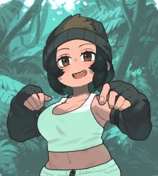 Rule 34 | 1girl, arms up, beanie, bell (hellchan3), black hair, breasts, brown eyes, brown hair, cleavage, day, elbow gloves, eyelashes, fangs, fingerless gloves, fingernails, gloves, hair through headwear, hat, highres, kemono friends, looking at viewer, medium breasts, medium hair, midriff, multicolored hair, navel, open mouth, outdoors, pants, smile, solo, stomach, tan, tank top, two-tone hair, upper body, western lowland gorilla (kemono friends), white pants, white tank top, zipper pull tab