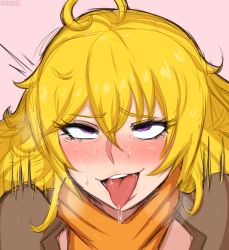 Rule 34 | 1girl, afrobull, ahegao, ahoge, artist name, blonde hair, blush, commentary, english commentary, full-face blush, hair between eyes, long hair, looking at viewer, pink background, portrait, purple eyes, rolling eyes, rwby, saliva, sketch, smile, solo, tears, tongue, tongue out, yang xiao long
