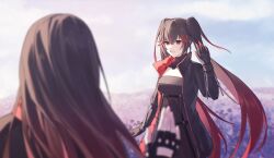 Rule 34 | 2girls, black dress, black gloves, black jacket, brown hair, chinese commentary, commentary, double-parted bangs, dress, dual persona, field, fingerless gloves, flower, flower field, gloves, gradient hair, hair ornament, high collar, highres, jacket, long hair, lucia: lotus (punishing: gray raven), lucia: plume (punishing: gray raven), lucia (punishing: gray raven), mechanical arms, mechanical hands, mechanical parts, multicolored hair, multiple girls, open clothes, open jacket, open mouth, punishing: gray raven, red eyes, red hair, solo focus, streaked hair, twintails, very long hair, waving, x hair ornament, zhou huan (dgpe2833)