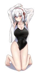 Rule 34 | 1girl, arms behind head, azur lane, barefoot, black one-piece swimsuit, breasts, cleavage, collarbone, competition school swimsuit, competition swimsuit, dress shirt, grey one-piece swimsuit, hair between eyes, hairband, highleg, highres, kneeling, knees together feet apart, lace-trimmed hairband, lace trim, large breasts, medium hair, namako32, one-piece swimsuit, parted bangs, red eyes, school swimsuit, shadow, shirt, short hair, simple background, sirius (azur lane), solo, swimsuit, swimsuit under clothes, thighs, two-tone swimsuit, white background, white hair