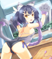 Rule 34 | 1girl, absurdres, against window, animal ear fluff, animal ears, animal hands, arched back, arm up, ass, bare shoulders, bell, bent over, black thighhighs, blue hair, blue ribbon, blue sky, blush, breasts, brown eyes, cameltoe, cat ears, cat girl, cat tail, commentary request, covered erect nipples, day, desk, dutch angle, egg vibrator, fate/kaleid liner prisma illya, fate (series), fuyuki8208, gloves, grey leotard, hair between eyes, hair ornament, hair ribbon, hairclip, highres, indoors, jingle bell, leotard, miyu edelfelt, open mouth, paw gloves, remote control vibrator, ribbon, school desk, sex toy, sky, small breasts, solo, tail, tears, thighhighs, two side up, vibrator, white ribbon, window