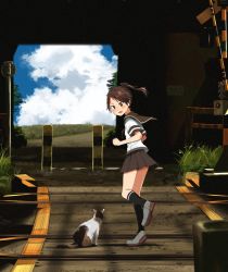 Rule 34 | 1girl, 1other, annin musou, bad id, bad twitter id, black socks, blue sky, brown hair, brown sailor collar, brown skirt, cat, cloud, commentary request, day, grey footwear, kantai collection, kneehighs, outdoors, ponytail, railroad crossing, railroad signal, railroad tracks, sailor collar, scenery, school uniform, serafuku, shikinami (kancolle), short hair, short ponytail, sign, skirt, sky, smile, socks, tunnel