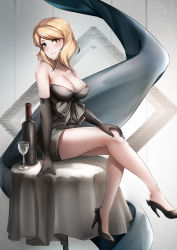 Rule 34 | 1girl, absurdres, alcohol, black dress, black footwear, black gloves, blonde hair, bottle, breasts, brown eyes, cleavage, cup, dress, drinking glass, elbow gloves, gloves, hand on own knee, heterochromia, high heels, highres, crossed legs, looking at viewer, lubikaya, medium breasts, renown (warship girls r), shoes, short hair, simple background, sitting, sitting on table, smile, solo, tight clothes, warship girls r, wine, wine bottle, wine glass