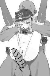 1boy 1girl absurdres after_vaginal anger_vein bald bar_censor blush breasts breasts_apart censored changmi clenched_hand clenched_teeth combat_helmet crossed_bangs cumdump erection faceless faceless_male full_nelson gloves greyscale half_gloves hand_on_own_thigh heart helmet hetero highres interracial kneehighs large_variant_set looking_down luciana_de_montefio mask mask_around_neck monochrome navel nipples no_shoes nude penis pickelhaube pussy rape respirator reverse_suspended_congress sex_from_behind side_ponytail simple_background small_breasts socks star_(symbol) star_in_eye stomach sweat symbol_in_eye tears teeth testicles variant_set white_background zenless_zone_zero