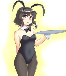 Rule 34 | 1girl, animal ears, arm behind back, black hair, bow, bowtie, breasts, brown eyes, rabbit ears, playboy bunny, cleavage, cowboy shot, detached collar, isaki (gomi), open mouth, pantyhose, short hair, small breasts, thigh gap, touhou, tray, usami renko, wrist cuffs