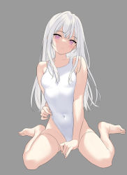 Rule 34 | 1girl, between legs, breasts, covered navel, grey background, hand between legs, head tilt, highleg, highleg swimsuit, long hair, mignon, one-piece swimsuit, original, purple eyes, shiro-chan (mignon), simple background, sitting, small breasts, solo, swimsuit, unfinished, wariza