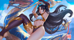 1girl absurdres armlet artist_name black_hair commentary earrings english_commentary fate/grand_order fate_(series) hair_ribbon heavenly_boat_maanna highres hoop_earrings ishtar_(fate) jewelry long_hair navel parted_bangs rapixer red_eyes ribbon single_thighhigh solo thighhighs two_side_up